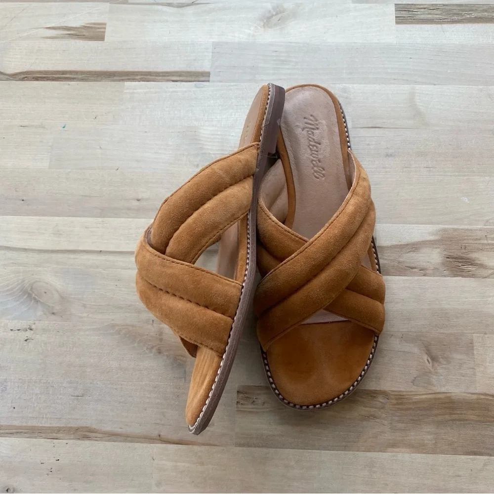 Madewell brown suede leather cross strap slide sandals size 6.5